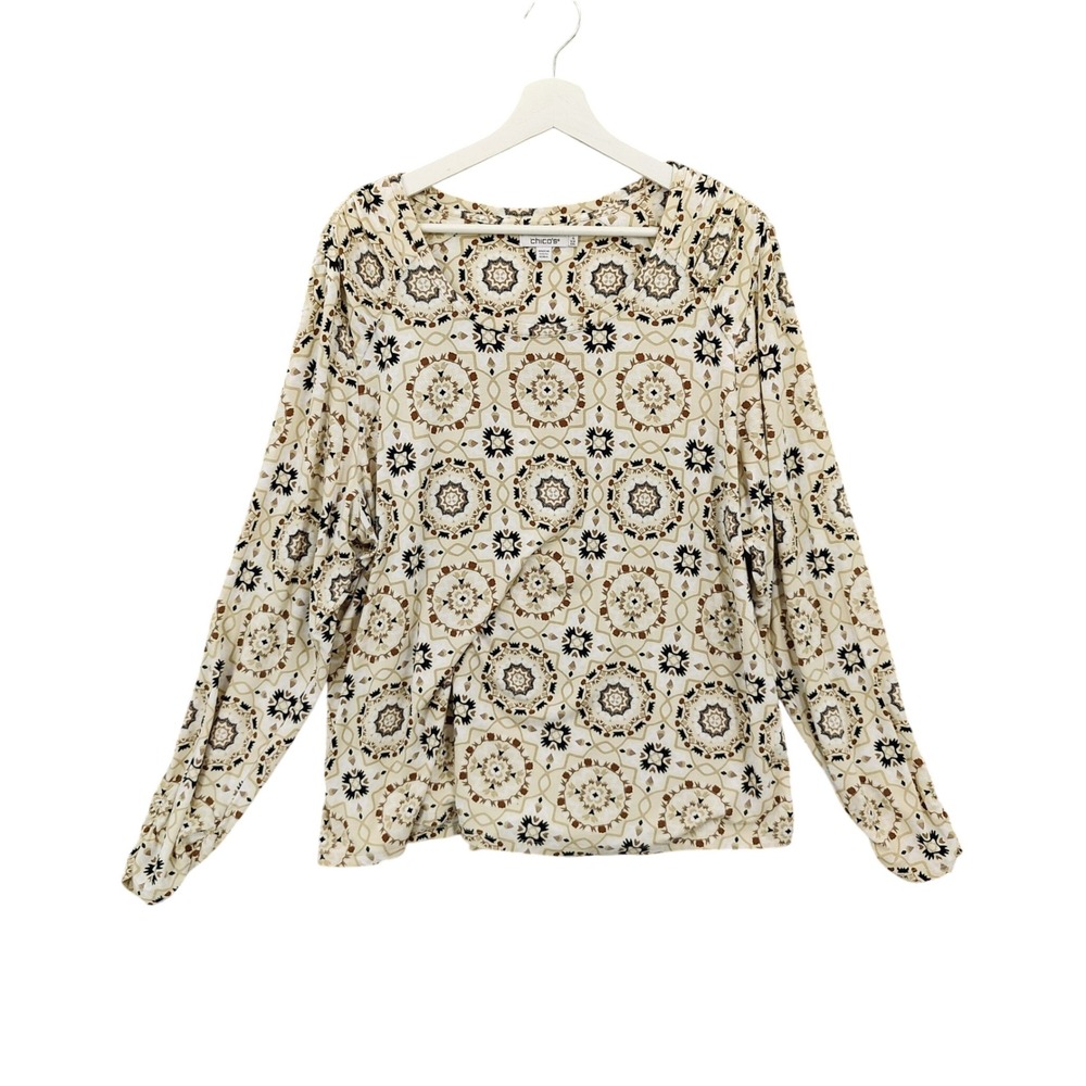 Chicos Womens 4 XXL Beige Brown Black Geometric Modest Long Sleeve Blouse Top